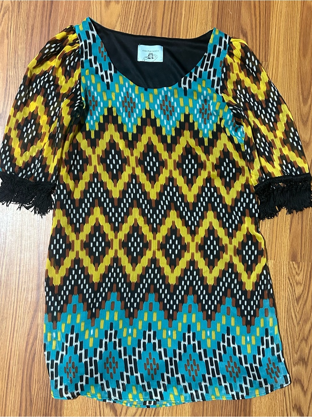 Judith March Turquoise Yellow Black Geometric Tunic with Fringe Sleeve Boho